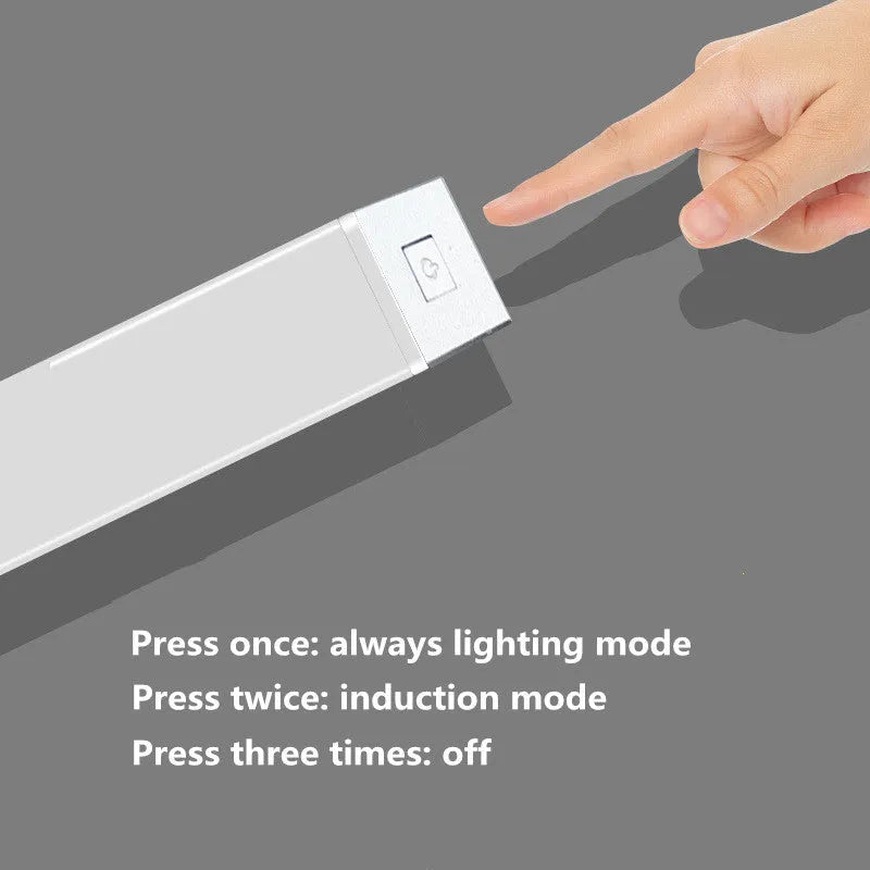 Silver aluminium magnetic LED closet light with motion sensor and USB charging port.