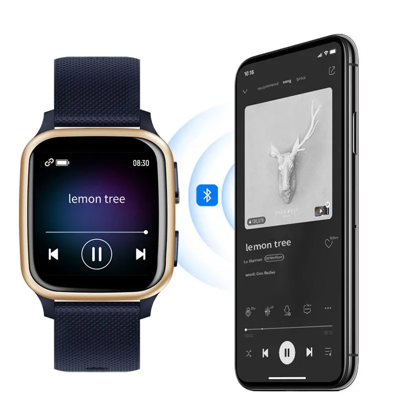 Aluminium alloy smart watch showing Bluetooth call, heart rate monitoring, and menstrual tracking features on display.