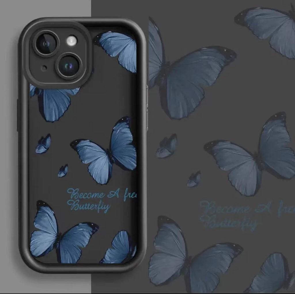 Blue butterfly printed edging drop-resistant TPU phone case for iPhone in black colour
