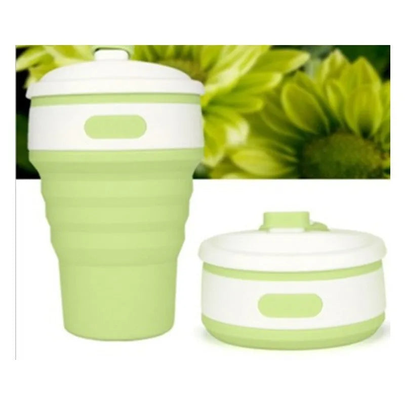 Green collapsible silicone travel mug shown expanded and folded to 6cm height