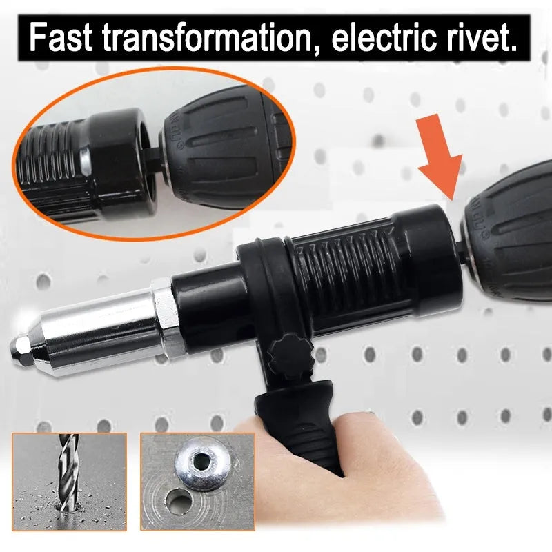 Black metal electric drill rivet gun tool with three-jaw chuck measuring 173mm long