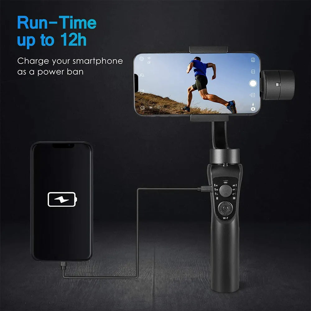 Black three-axis handheld gimbal stabiliser for mobile phone with PPA+nylon arm, ABS+PC handle, and tripod
