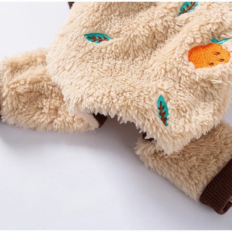 Fleece four-legged pet onesie with fruit embroidery for small medium dogs cats, brown with orange design