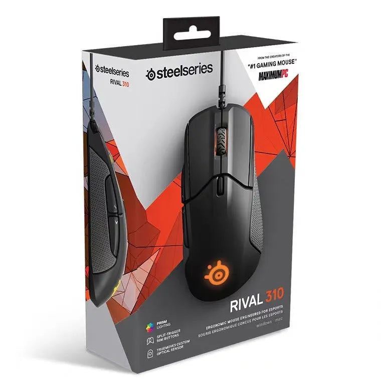 Wired mechanical gaming mouse in black with ergonomic design, 12000 DPI sensor, and USB cable