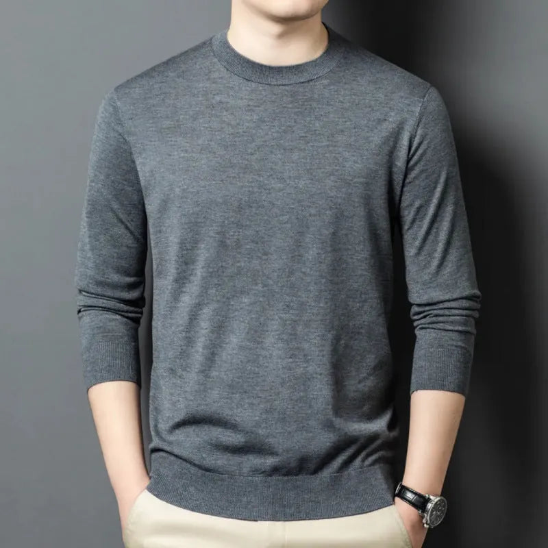 Men's round neck long sleeve sweater in wool and mulberry silk, shown in a choice of colours for winter.