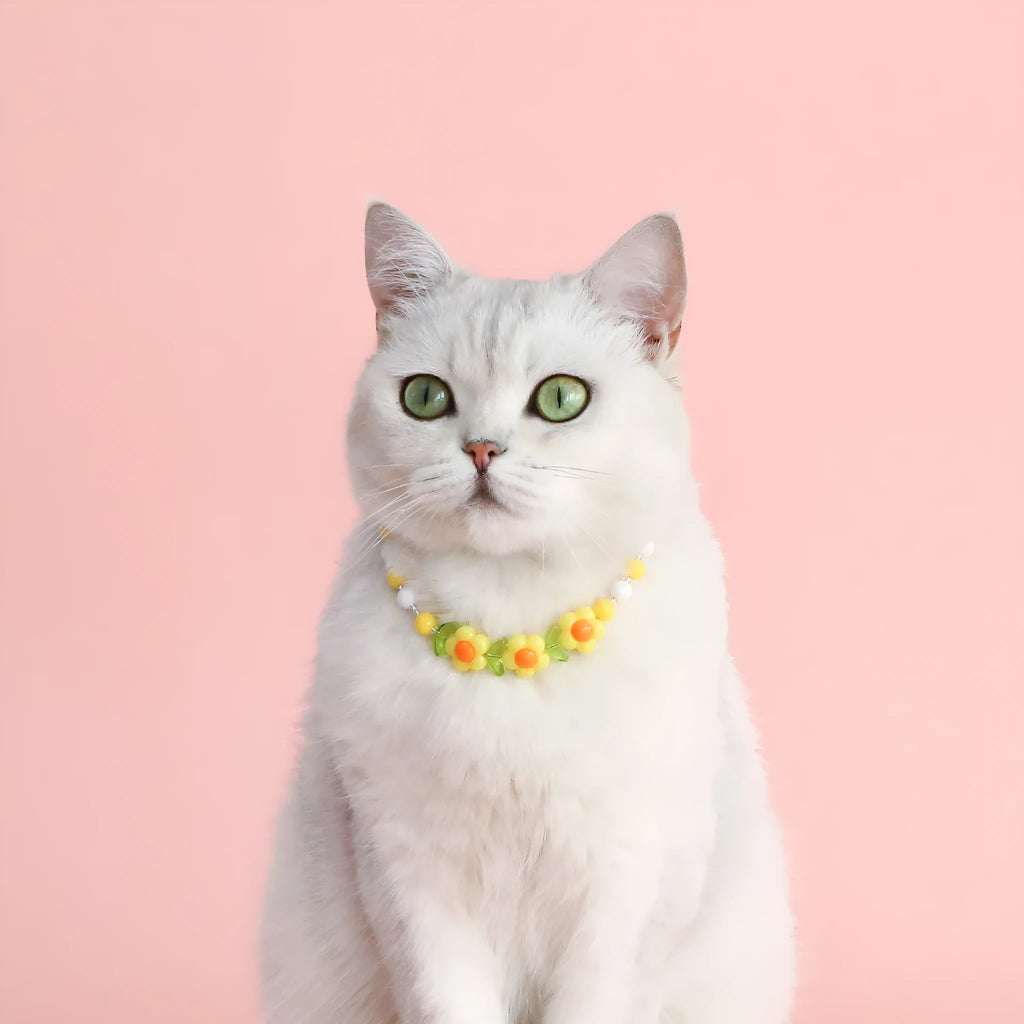 Colourful plastic bead cat necklace with small flower pattern on adjustable cord