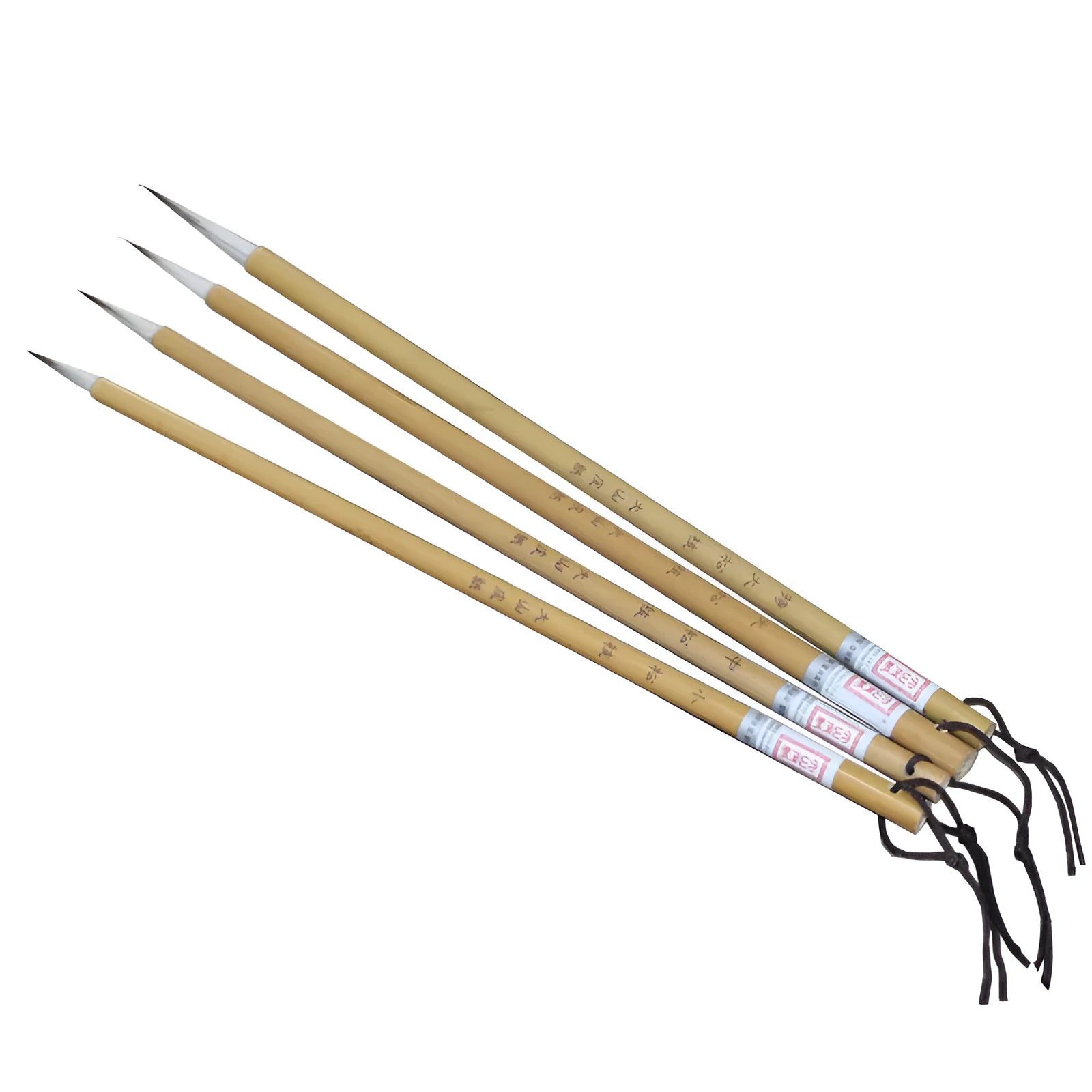 Set of four gold-coloured calligraphy brushes with wolf wool thread and mixed hair tips.