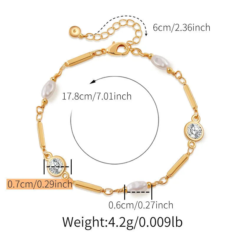 18K gold copper electroplated bracelet with inlaid zircon and ABS pearl for women