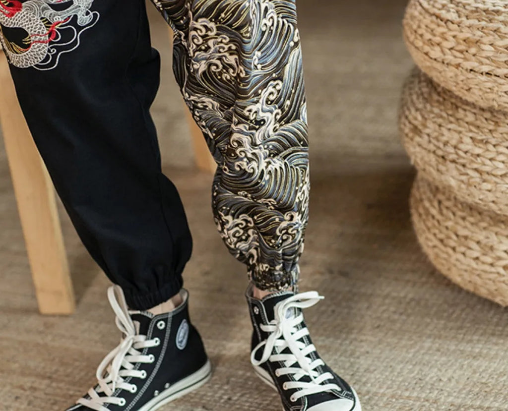 Embroidered silver dragon casual trousers in khaki, cotton fabric, mid waist, men's sizes M to 5XL