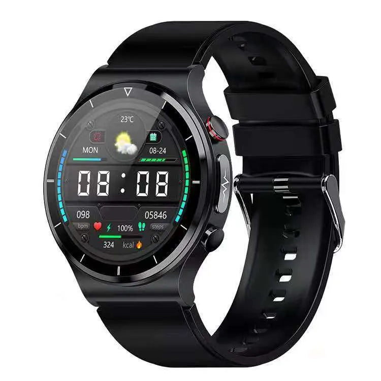 Smart watch with ECG monitoring, wireless charging, 1.32 inch screen, metal alloy case, and leather strap