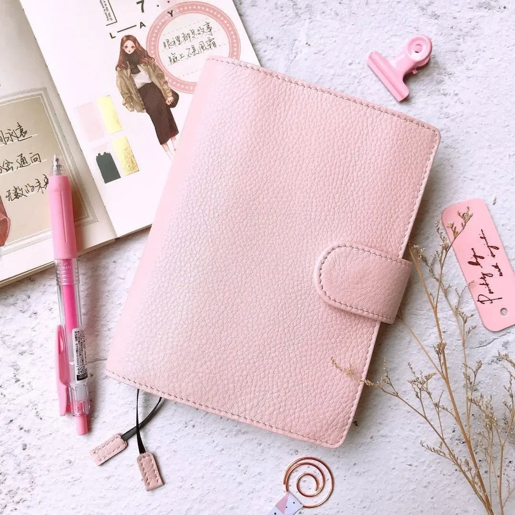 A6 loose-leaf diary with lychee pattern head layer cowhide cover in off white, pink, and white