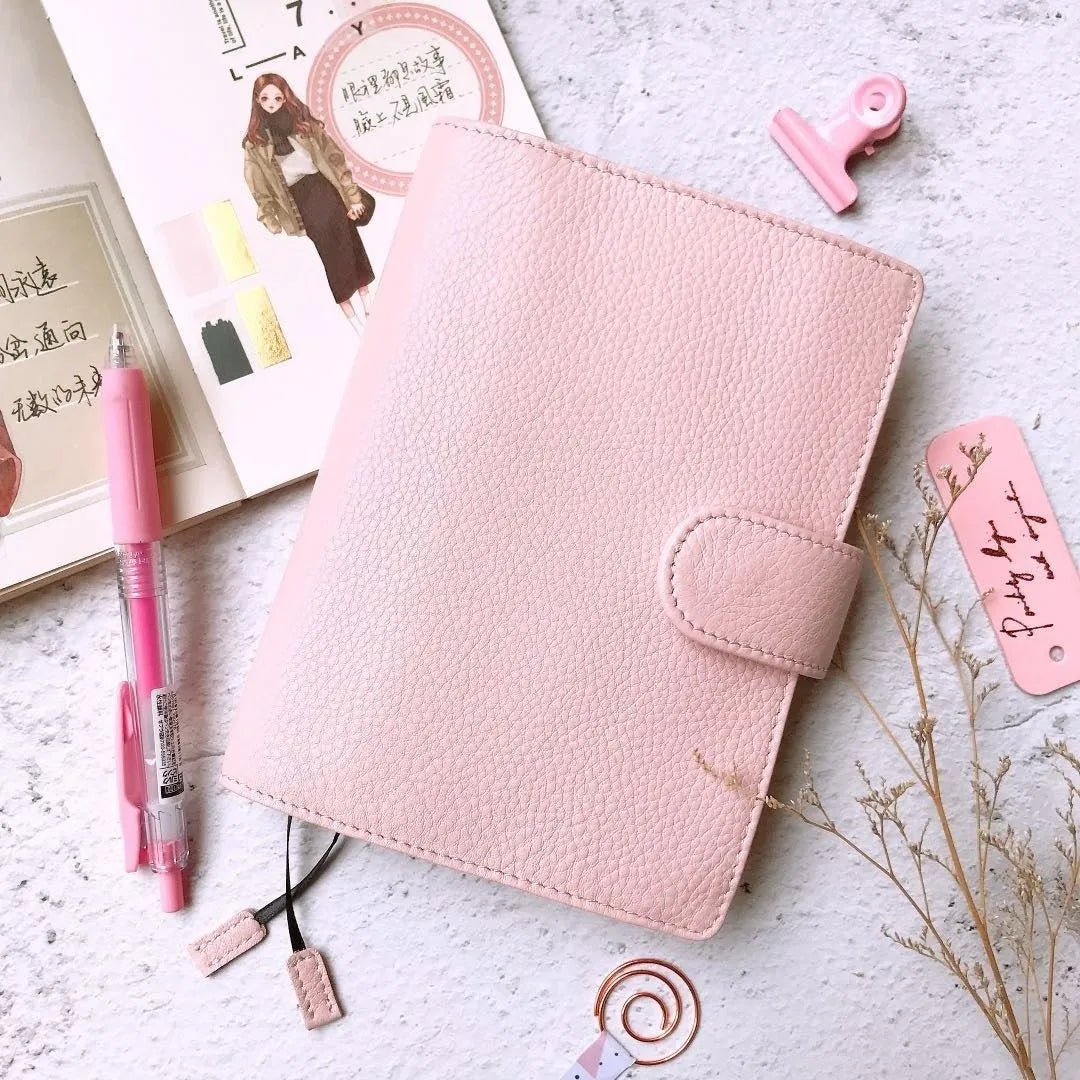 A6 loose-leaf diary with lychee pattern head layer cowhide cover in off white, pink, and white