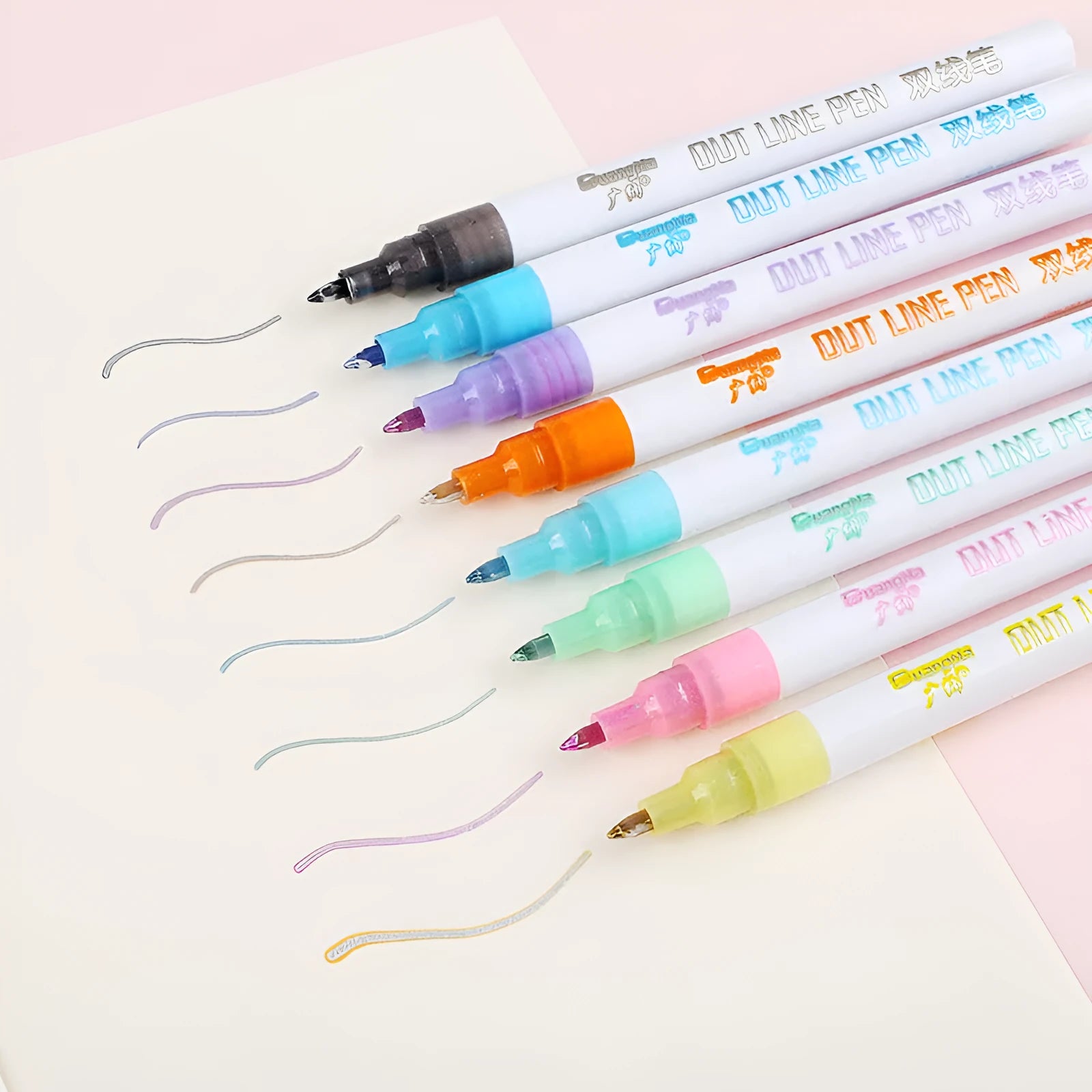 Set of eight fluorescent markers with bright colours and 2mm plastic tips for highlighting and note-taking