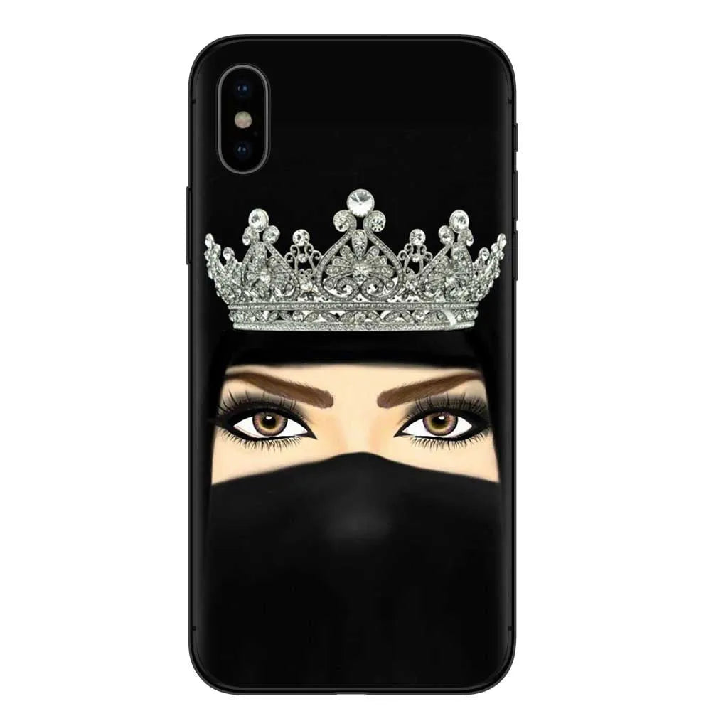 Islamic hijab veil design iPhone case with rhinestone and floral patterns on a flexible TPU back cover.
