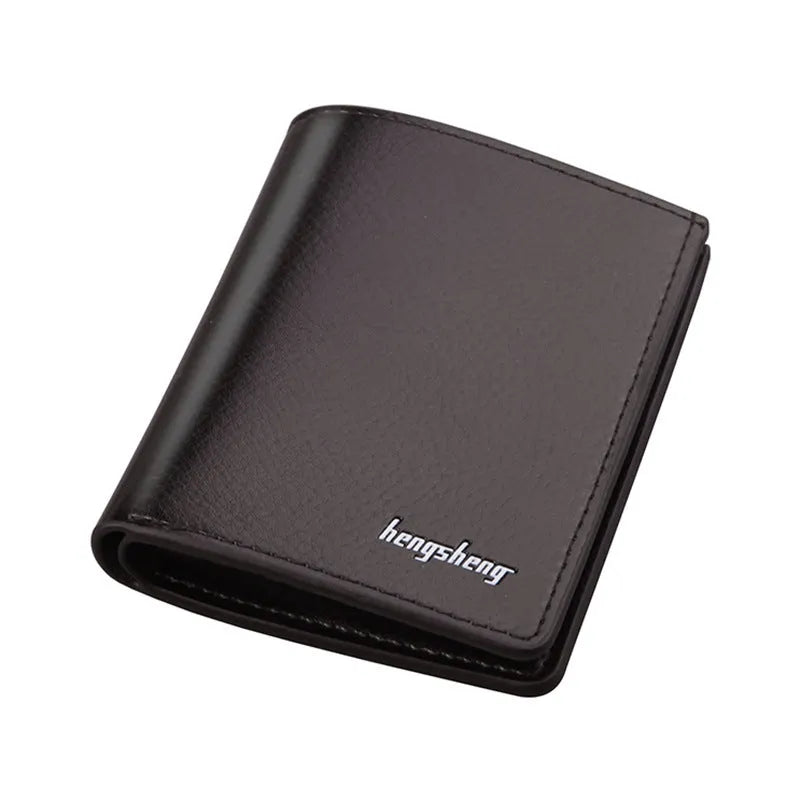Men's thin PU leather two-fold wallet in black, 19 cm wide, with card slots and car suture stitching