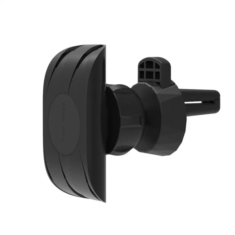 Black car phone holder mounted on vehicle air vent with phone in cradle