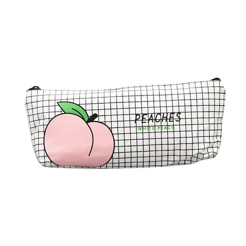 Rectangular canvas pen bag in peach print pattern, 20 by 8.5 centimetres, on a flat surface.