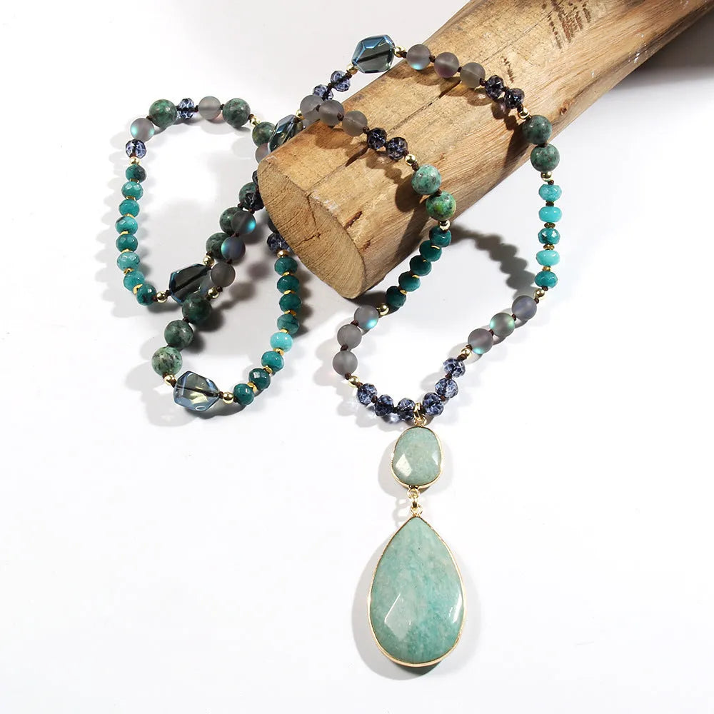 Women's handmade glass knotted necklace with natural stone pendant in green, gray, and pink – 81cm long