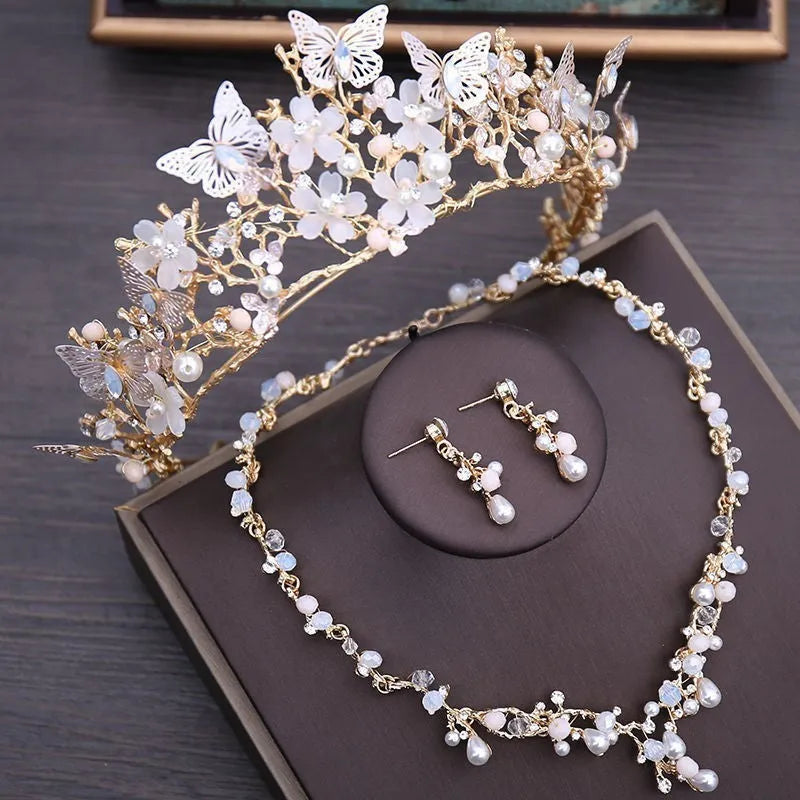 Bride wedding dress crown three-piece headdress set super fairy series with crystal details and matching necklace earrings