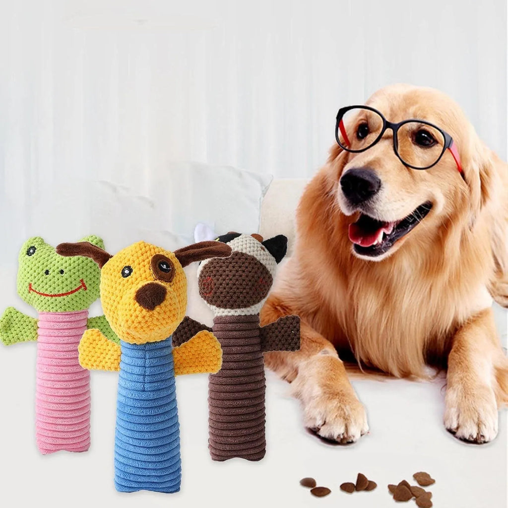 Squeaky plush dog chew toy in animal shape for dental cleaning, 19cm size suitable for all breeds