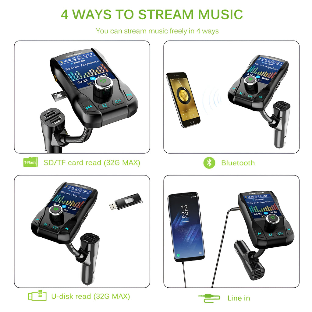 Black Bluetooth car FM transmitter with colour screen and dual USB ports plugged into a car dashboard.