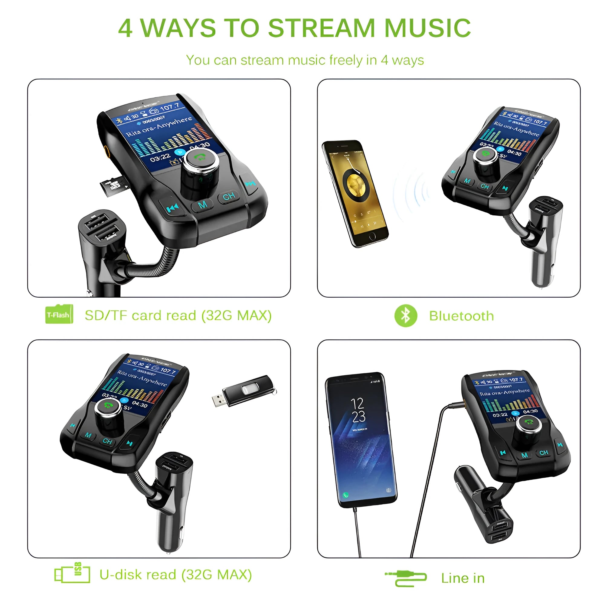 Black Bluetooth car FM transmitter with colour screen and dual USB ports plugged into a car dashboard.