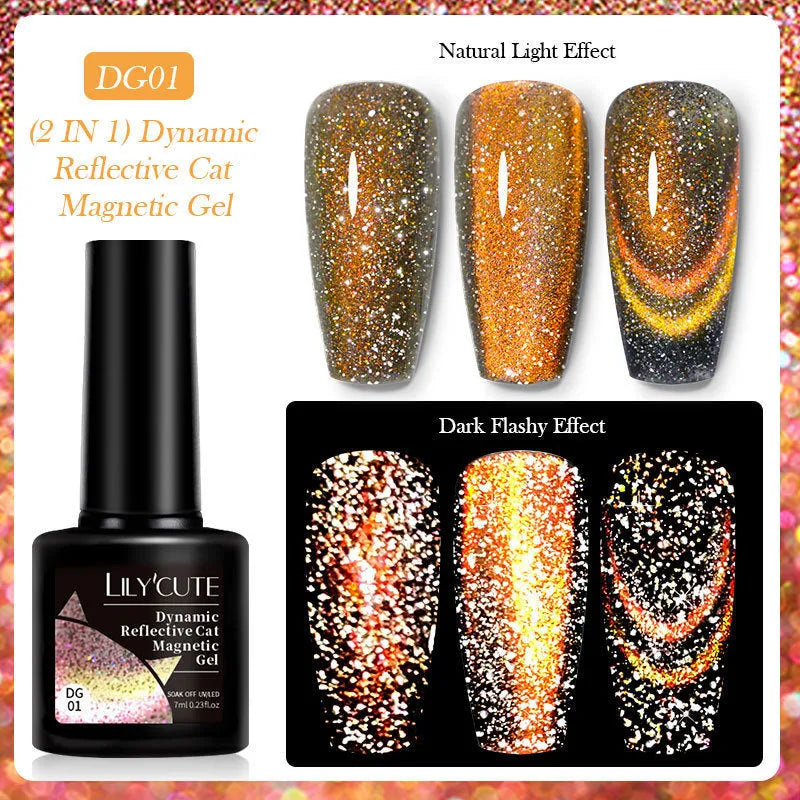 Cat eye nail polish gel with diamond glitter fragments in six colour style options including fluorescent UV brilliant variations