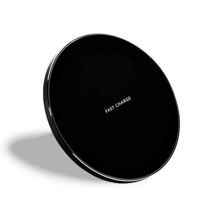 Ultra-thin square wireless charging pad in black showing smartphone charging on its surface