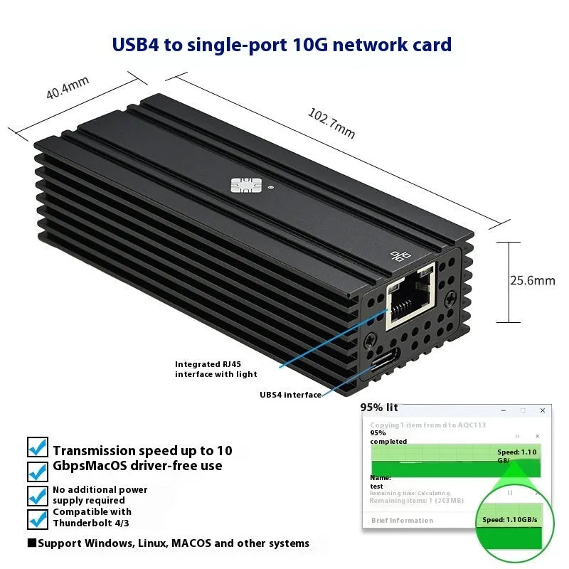 Black Leyu USB4 to 10G RJ45 Ethernet network adapter with attached short cable.