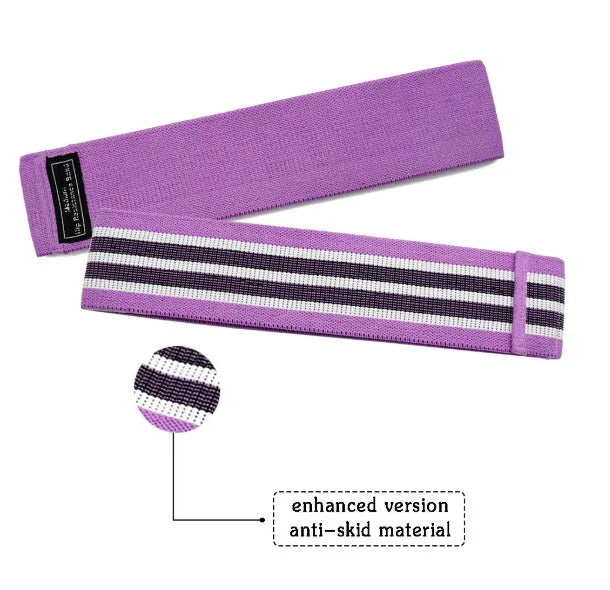 Set of three fabric resistance bands in lake blue, pink, and purple with a white storage net bag.