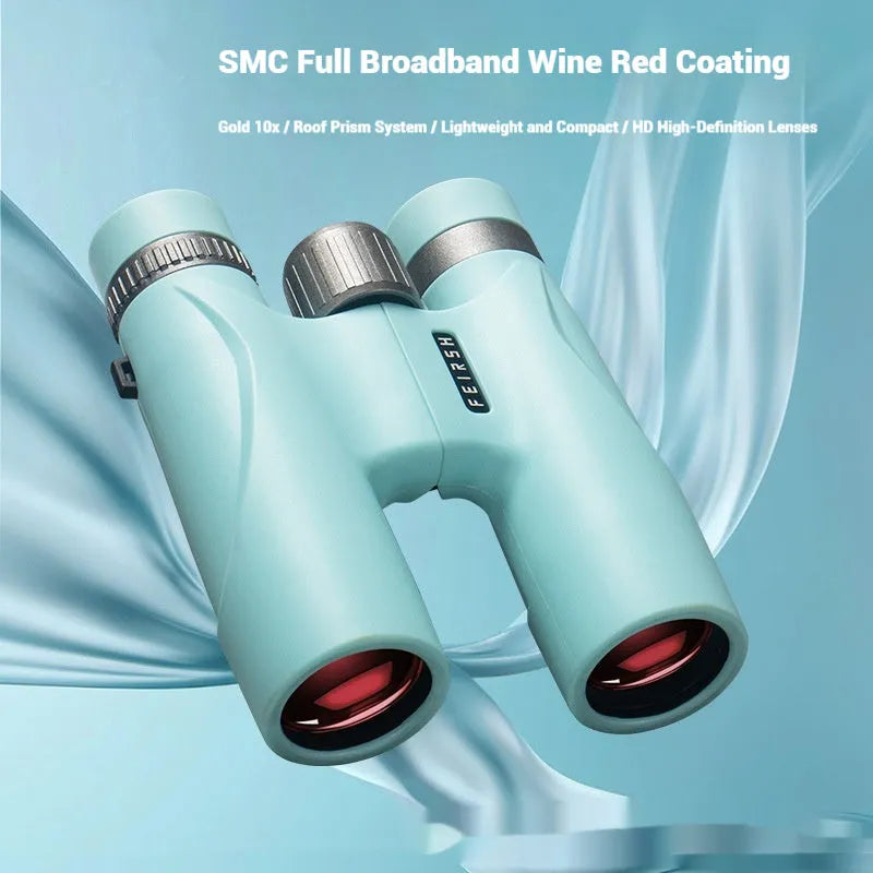 Compact 10x32 binoculars with wine red film imaging in blue or grey plastic housing