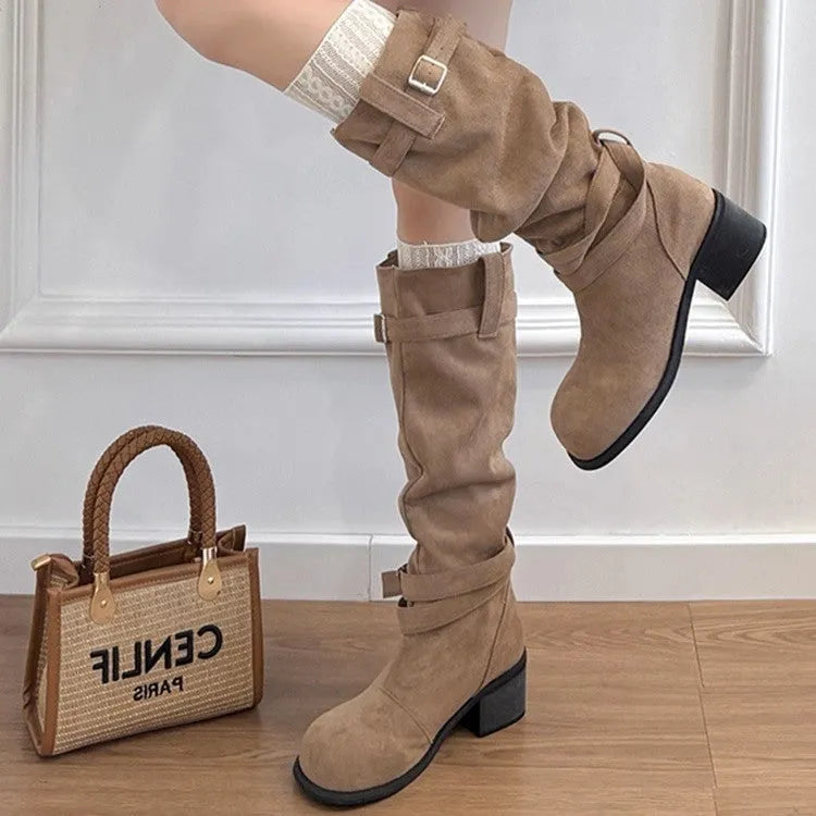 Khaki suede women's pleated pile fashion boots with waterproof platform and mid heel