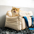 White portable cat bag made of peach skin velvet with cotton belt, measuring 45x35x26.5cm