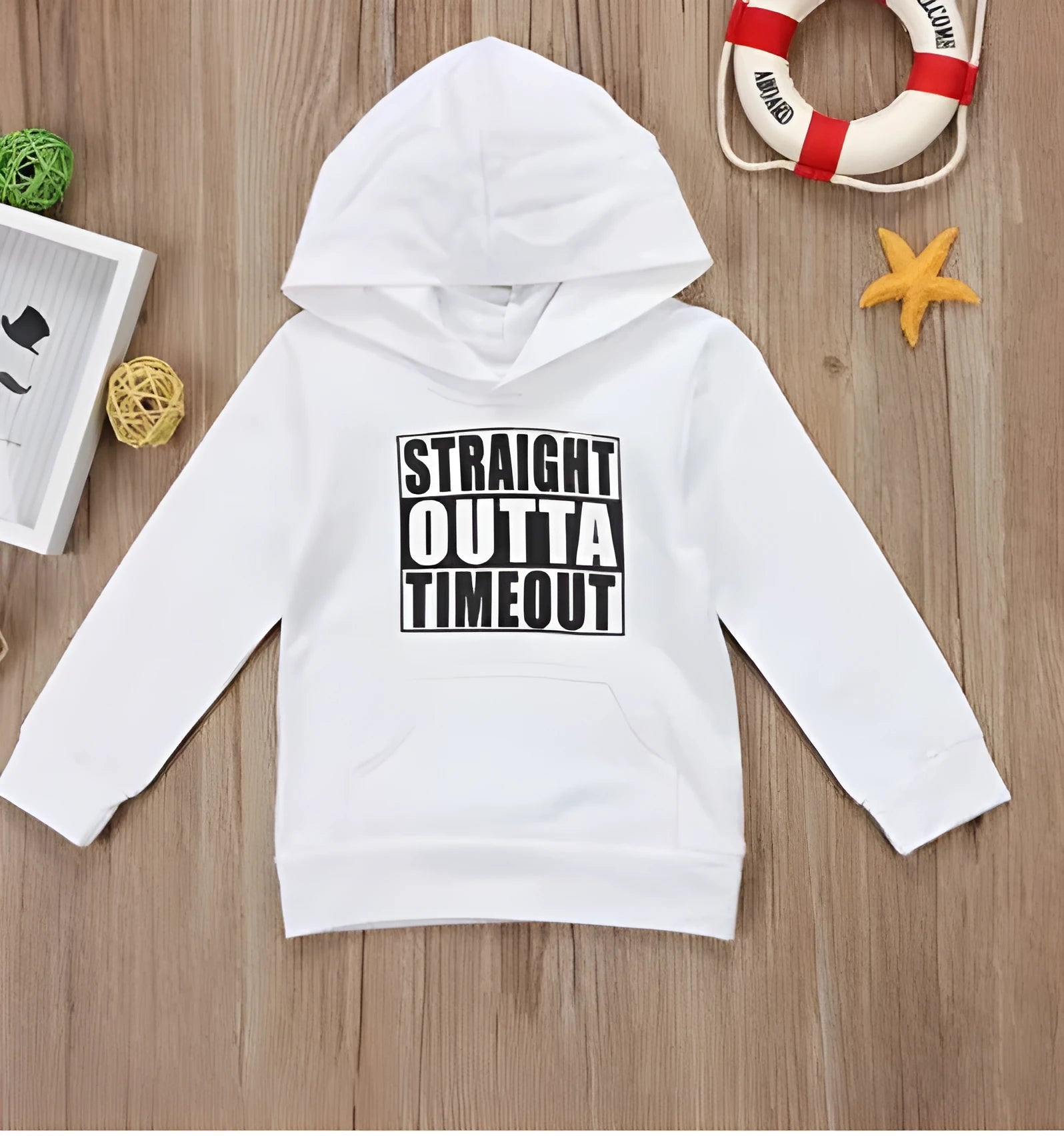 Children's black hooded sweater with white letter print design, showing pullover style and long sleeves