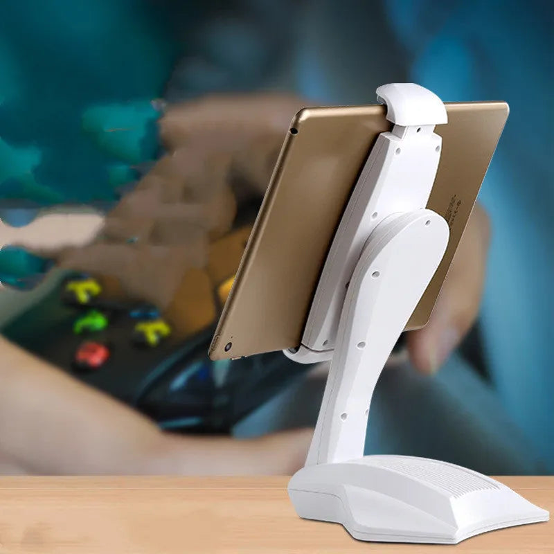 White adjustable tablet stand holding a tablet at 250mm height with clip stretching mechanism