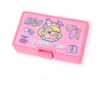 Cartoon sticker pack with 16 PVC stickers and storage box showing cute girl and heart designs