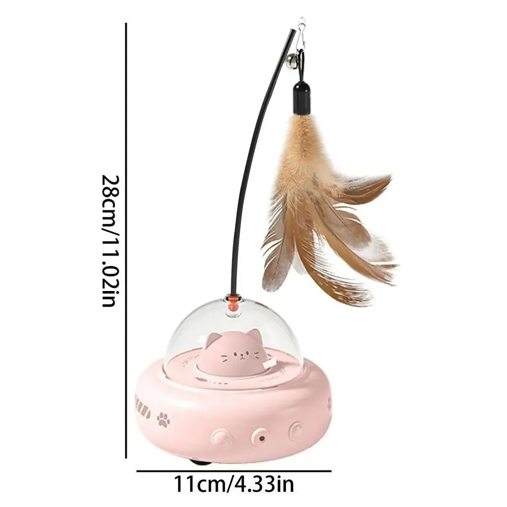 Electric cat interactive toy with pink feather wand and red light beam on a white floor