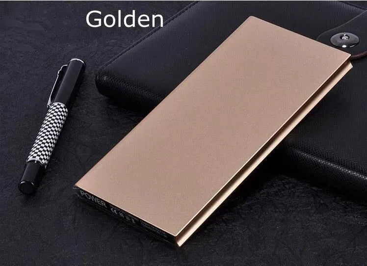 8000mAh aluminium alloy power bank with LED light and two USB ports in various colours.
