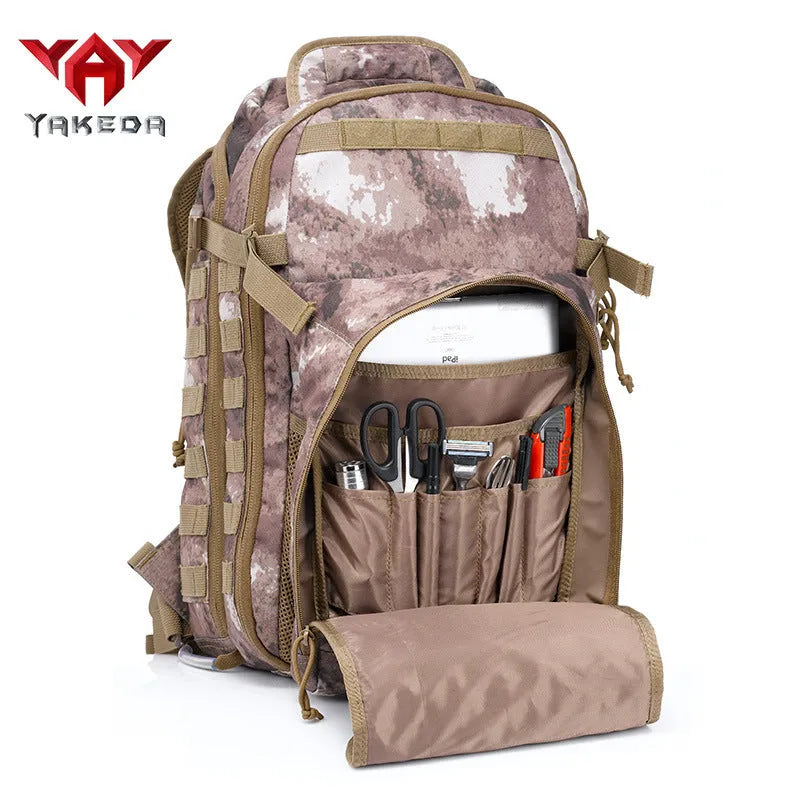 Tactical backpack 45L solid colour black outdoor hiking backpack on plain background