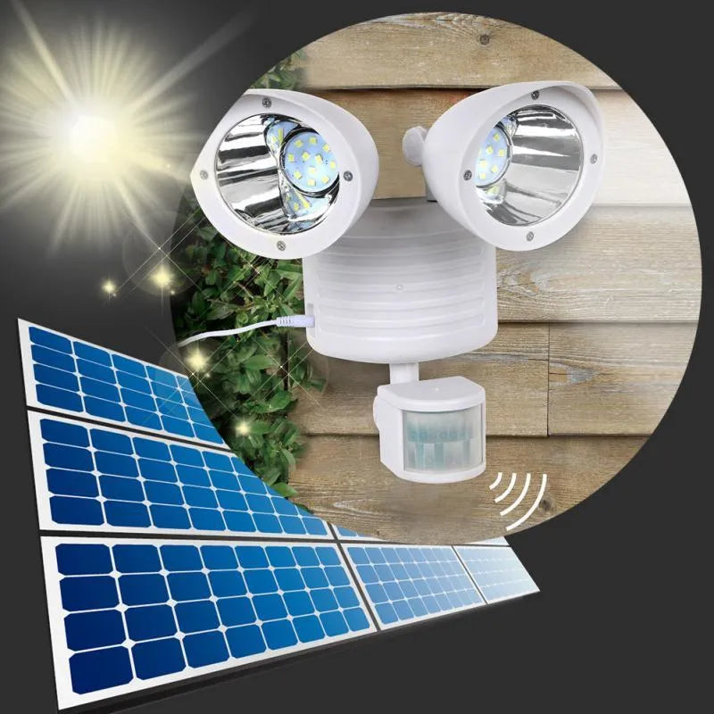 Black and white dual head solar motion sensor spotlight for outdoor wall mounting with adjustable brightness