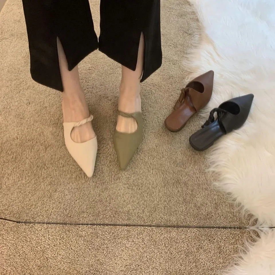 Women's soft leather semi-toe box slippers with spring design in multiple colour options