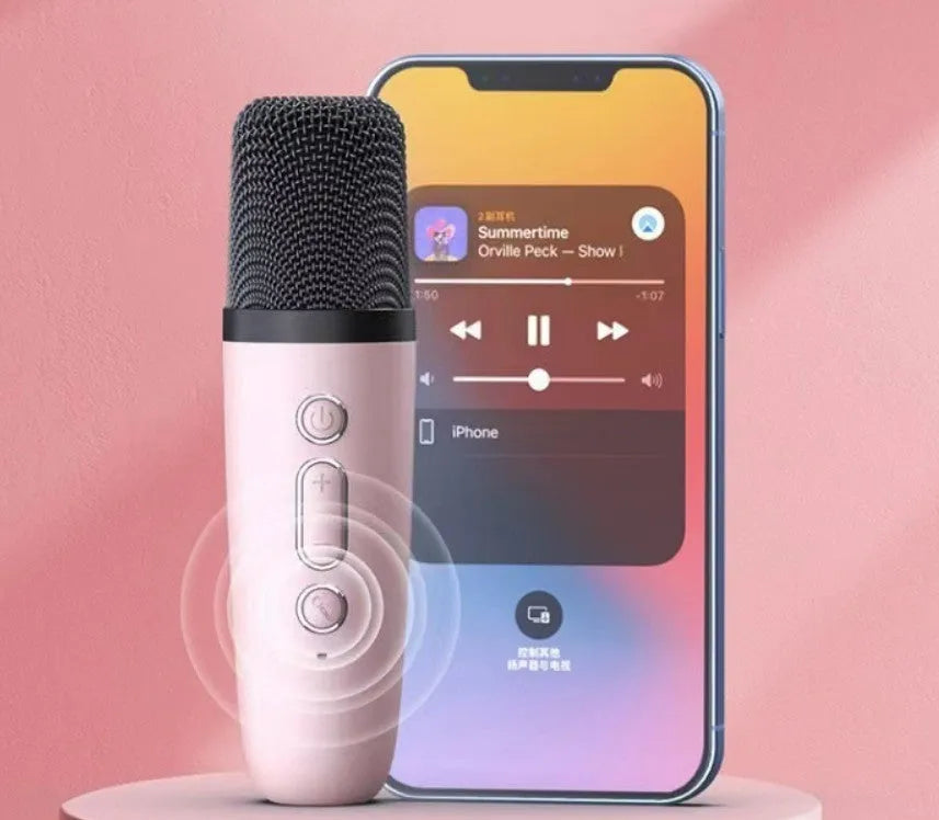 Pink, sky blue, and white portable Bluetooth karaoke microphone speaker with coloured lights.