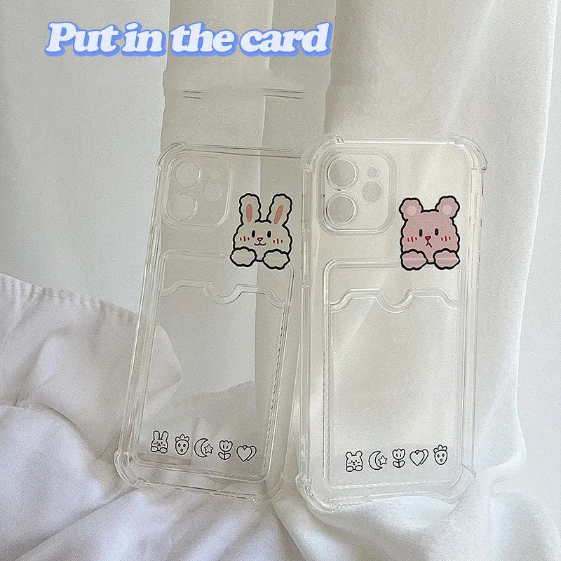 Cartoon design transparent TPU phone case with integrated card holder for Apple iPhone.
