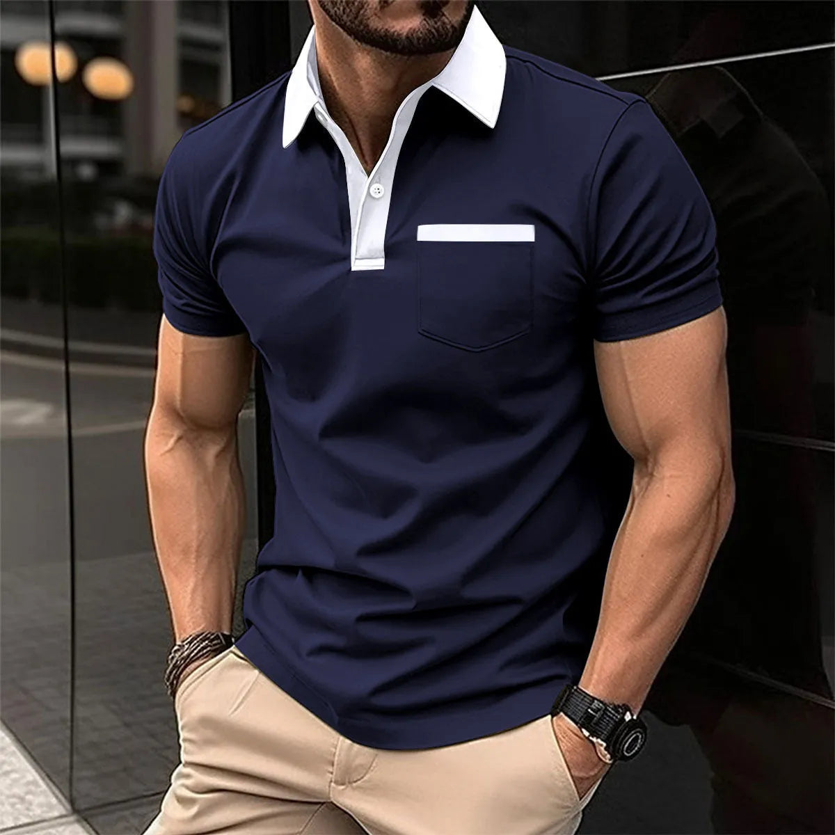 Men's lapel fashion slim pocket short-sleeved polo shirt in grey, cotton blend, loose fit