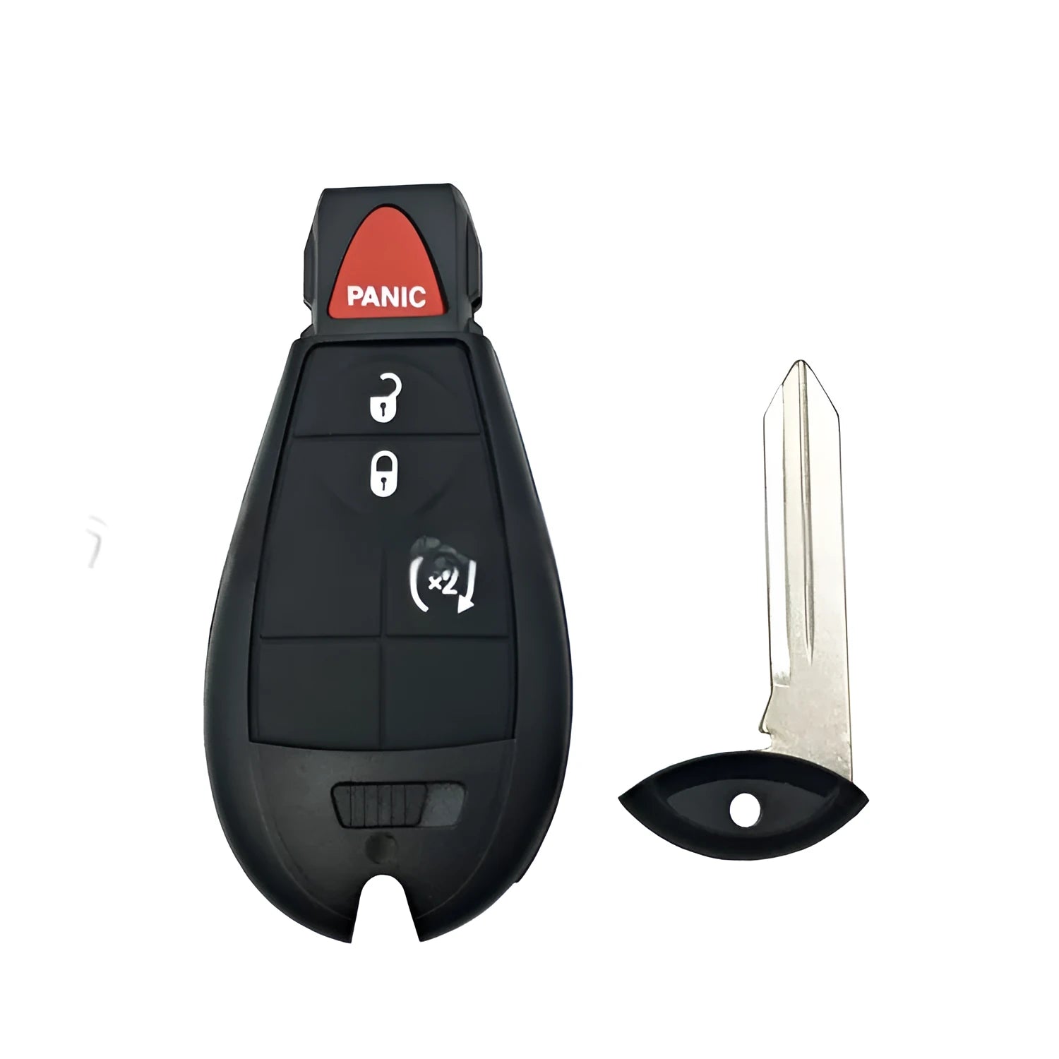 Blank Dodge car key shell case made of black ABS plastic, showing brass contacts inside, dimensions 85x42x15mm.