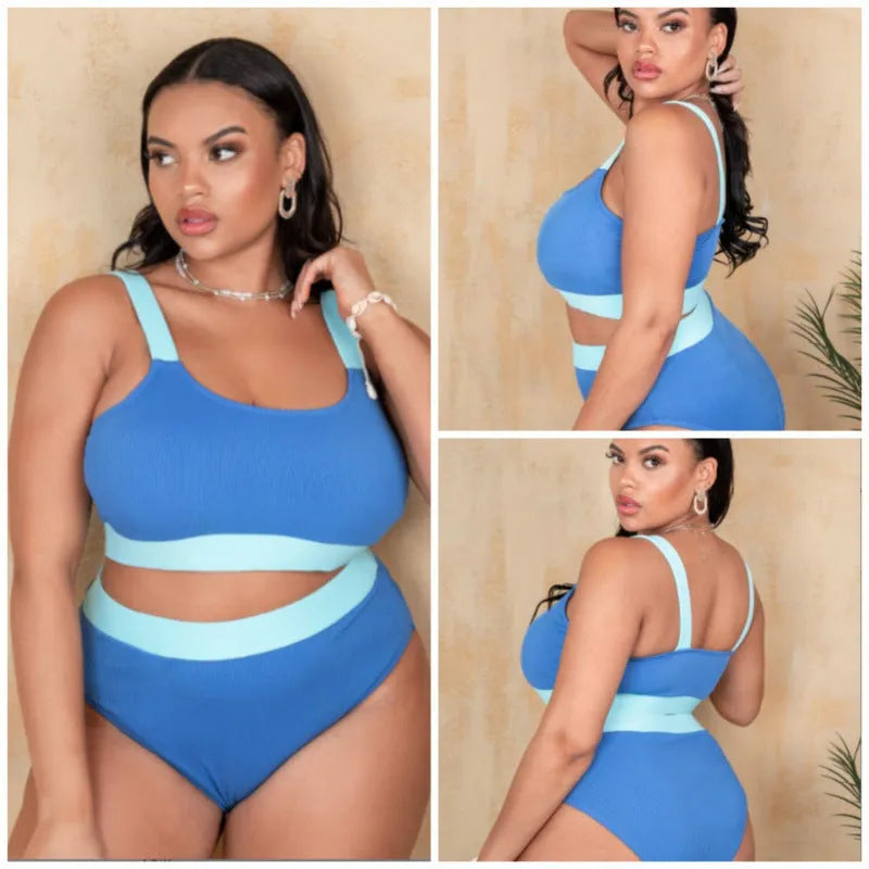 Women's solid colour polyester bikini set with high-waisted briefs and split stitching detail.