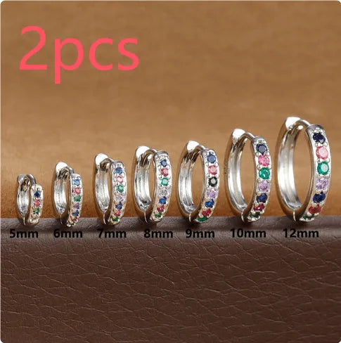Circle geometric zircon stud earrings in gold, rose gold, and silver colours showing 5mm to 12mm size range