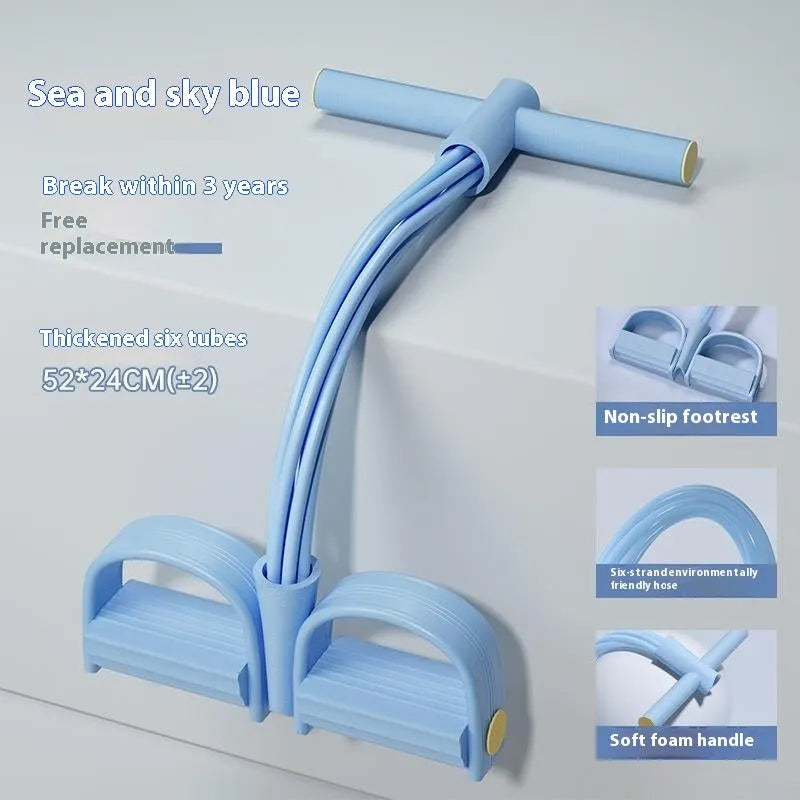 Purple household waist slimming pedal pulling rope tension device for home workouts on a floor.