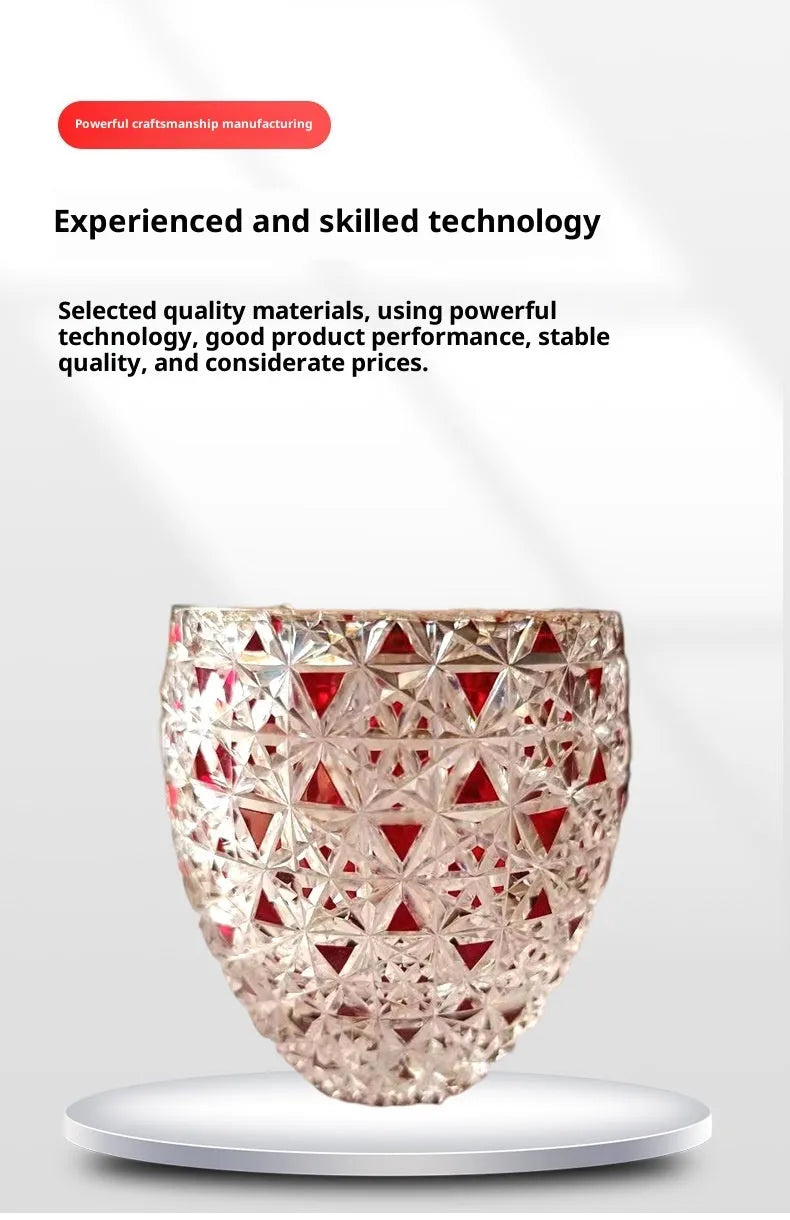 Japanese-style hand carved red crystal glass cup with cylindrical shape and carved pattern