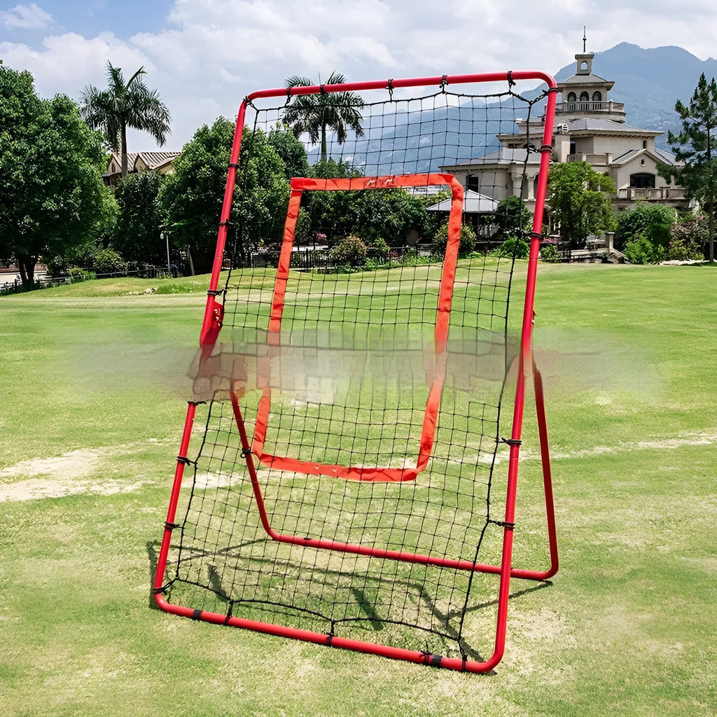 Red portable baseball training net with metal frame set up in a garden.